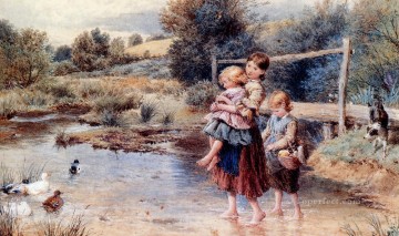  Stream Oil Painting - Children Paddling In A Stream Victorian Myles Birket Foster pet kids